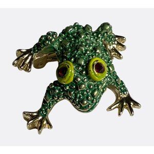 Vintage Green Frog Brooch Pin With Rhinestone Eyes & Gold-Tone Finish